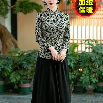 秋冬加绒旗袍式上衣改良中年女复古妈妈日常短款蝴蝶花汉服唐装