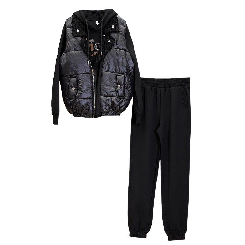 大码女装加绒加厚休闲套装冬季宽松时尚胖mm马甲卫衣束脚裤三件套