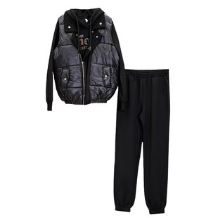 大码女装加绒加厚休闲套装冬季宽松时尚胖mm马甲卫衣束脚裤三件套