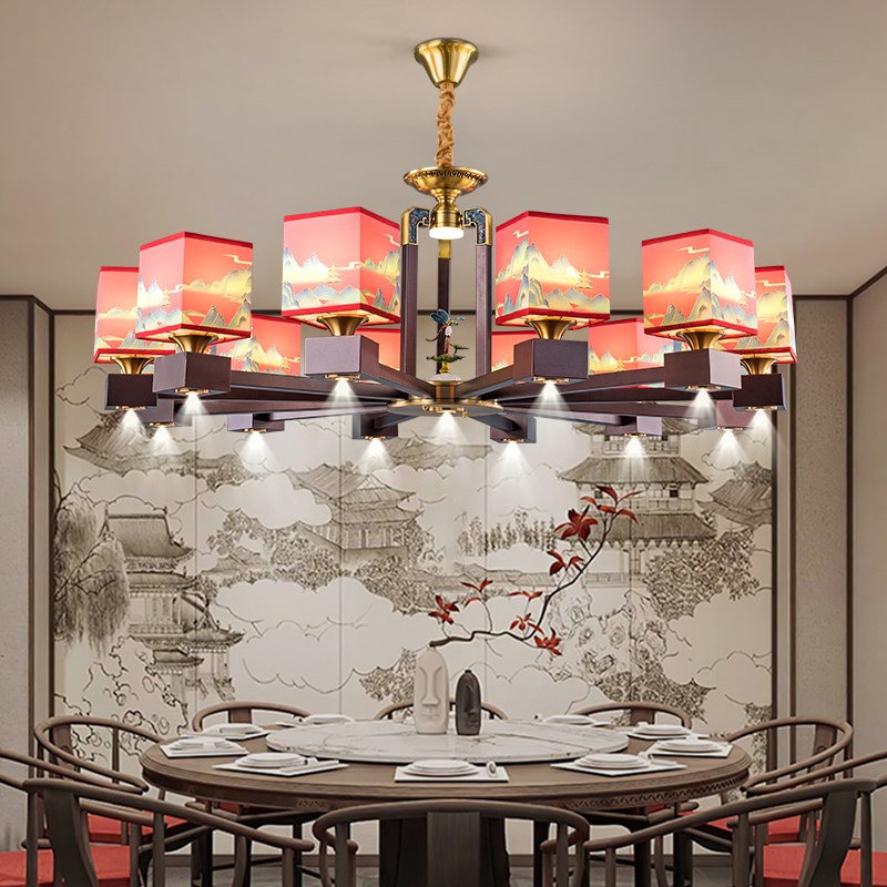 新中式餐厅吊灯带射灯餐饮饭店包厢包间包房圆桌水晶吊灯客厅灯具