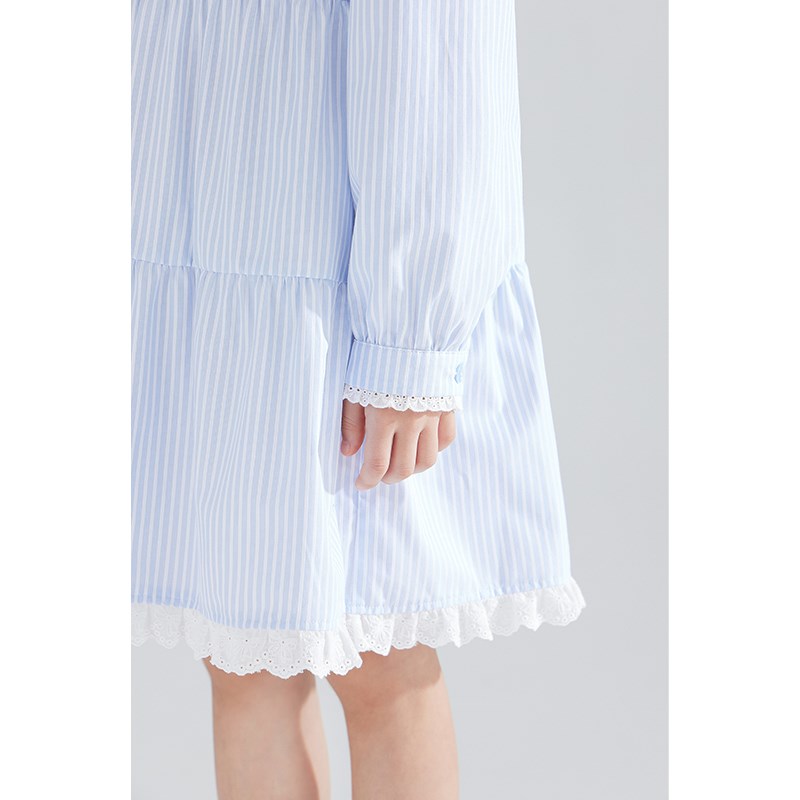 【海盐甜语】蝴蝶领结学院风衬衫裙色织条纹棉女童花边蓝色连衣裙