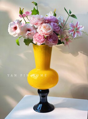 橙色高脚花瓶中古风摆件琉璃水养鲜花插花客厅装饰高级感玻璃花器