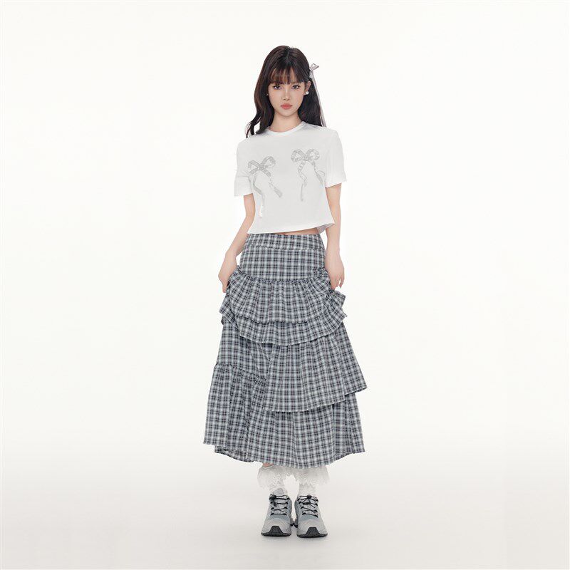 FPMZ 高级复古灰蓝色格子蓬蓬蛋糕半身裙长裙女