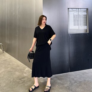 心存真针织半身裙套装大码女装夏款200斤胖mm上衣搭配显瘦两件套