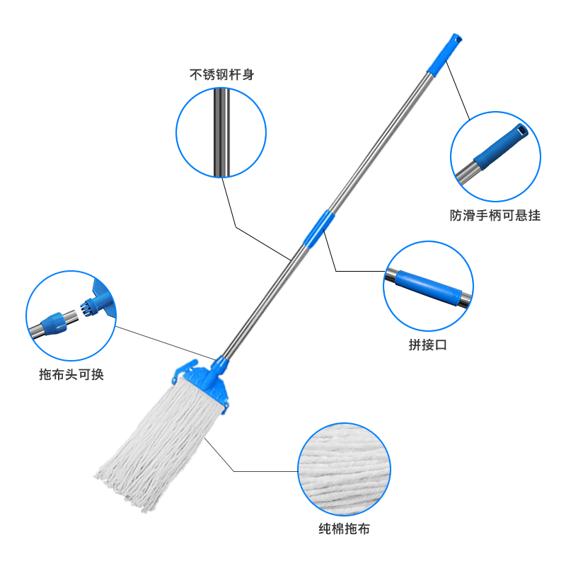 优质全棉纯蜡拖棉拖把可拆洗棉线多功能不锈钢水地拖家用酒店墩布