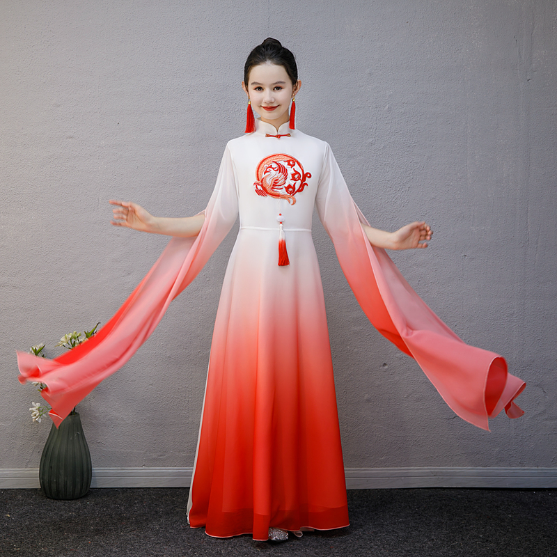女童汉服中国风中大童飘逸水袖儿童古筝演出服长笛钢琴长裙表演服
