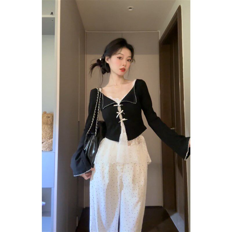 七分糖蝴蝶结叠穿长袖针织衫蕾丝吊带背心波点阔腿裤女秋新款套装