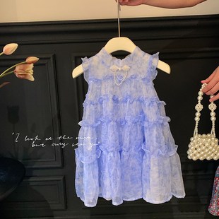 女童无袖连衣裙夏装2023新款洋气女孩背心裙儿童高级感蓝色公主裙