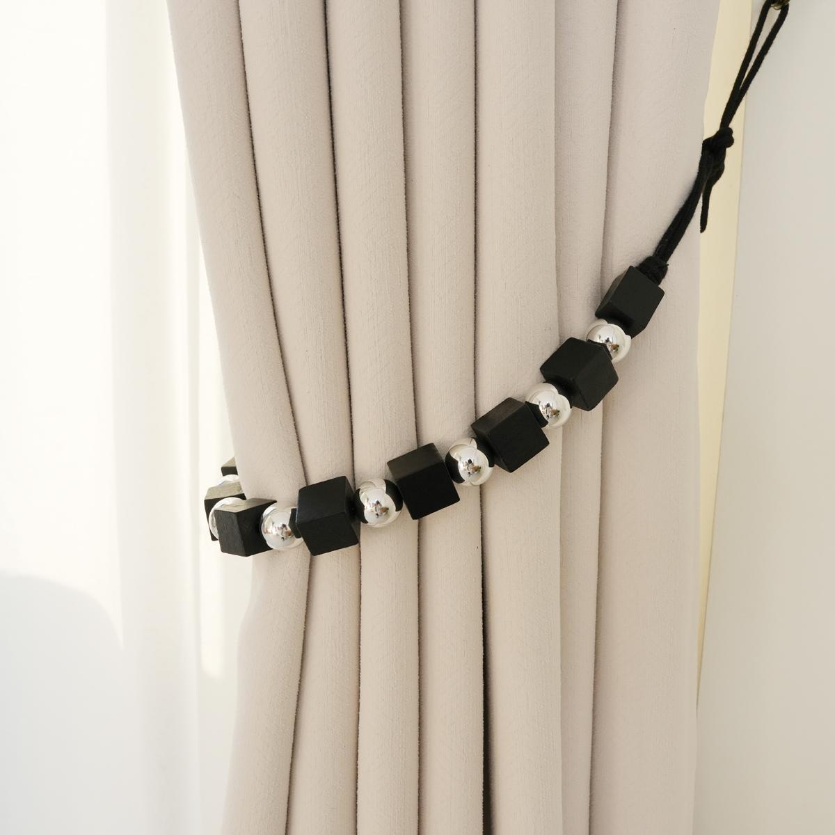 窗帘绑带黑色方形木块银色串珠窗饰点缀绑绳收拢带辅料配件K-371
