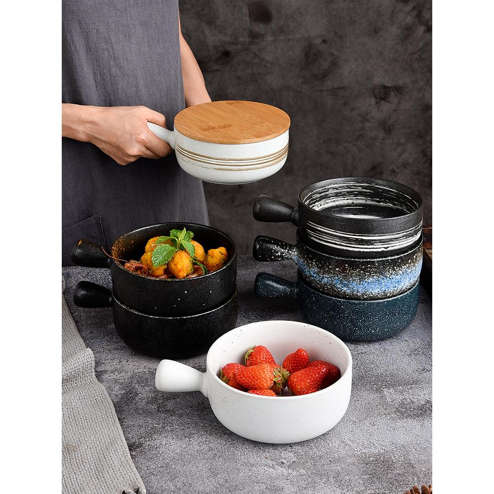 陶瓷带盖手把碗日式餐具耐高温商用焗饭泡面碗手柄沙拉碗家用烤碗
