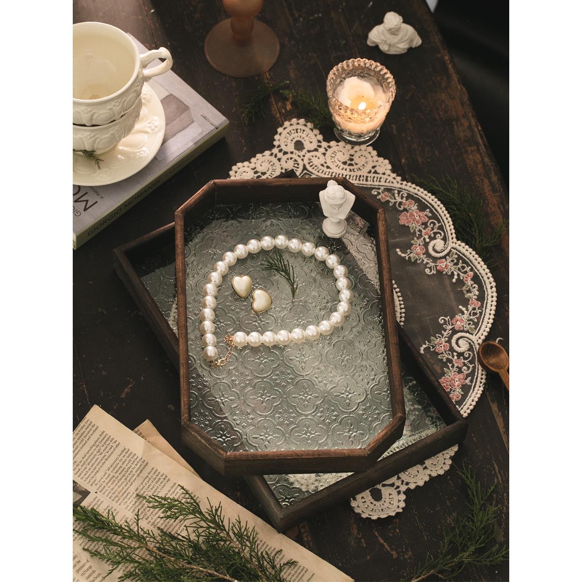 中古风海棠花浮雕玻璃托盘 收纳盘 装饰盘 水果点心盘 茶水托道具