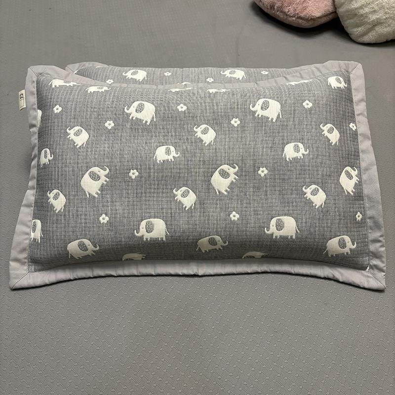 全棉色织提花三层纱布夹棉枕套 活性印染加厚款儿童枕头罩大象灰