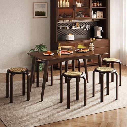 新中式实VNR木凳子藤编餐椅家圆凳板凳叠可餐厅饭店等放位备用用