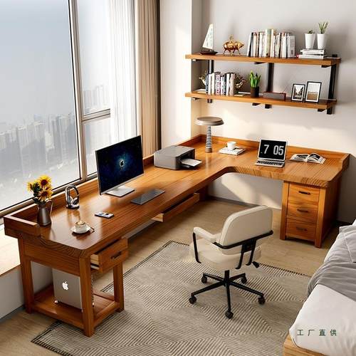 实木转角书桌原木中角古风办室公电脑7桌子l型拐卧书房ILW双人长