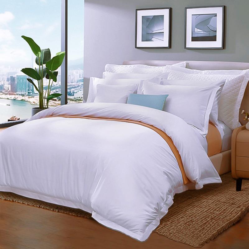 上全棉贡缎酒店布宿草馆床用品民宿纯白贡缎舍床单被罩纯棉宾四件