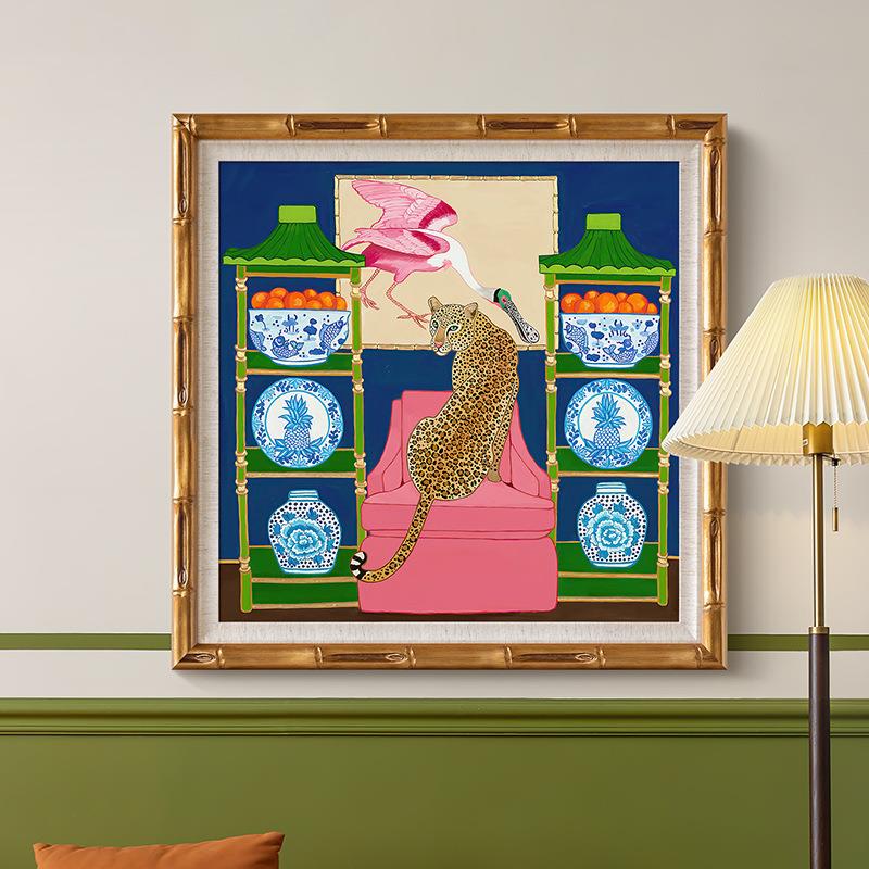 法式中国风青花瓷豹挂画美式复古小众艺术客厅装饰画餐厅玄关壁画图片