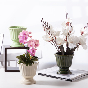 罗马柱法式陶瓷花瓶多肉蝴蝶兰ins插花花器有孔高脚花盆酒店摆件