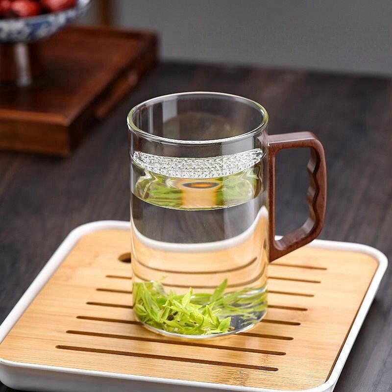 月牙过滤一体绿茶杯胡桃木盖木把杯家用泡茶杯耐高温高硼硅玻璃杯