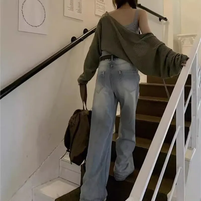 高腰女2023显宽松休闲浅色牛仔裤洗水直筒裤子春秋季设计感小众