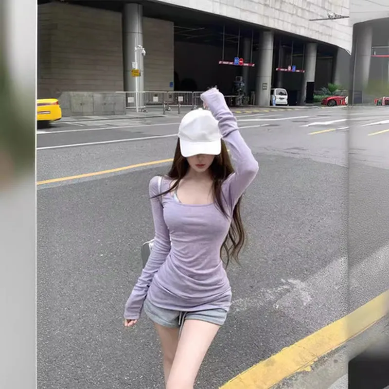 韩版夏季紫色显瘦长袖薄款T恤肩正修身圆领打底衫休闲女防晒上衣