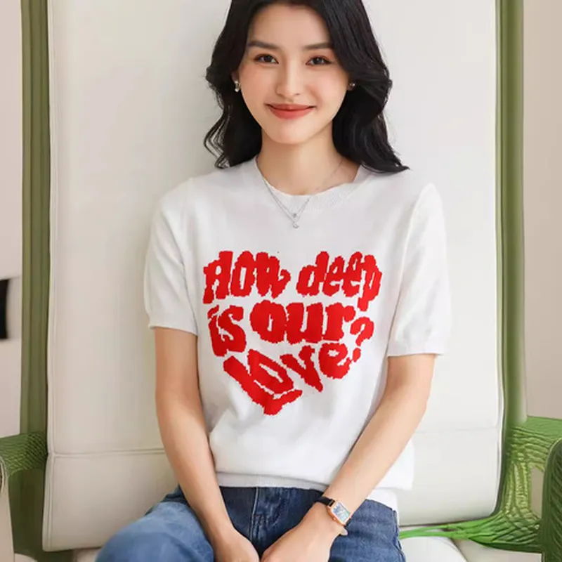 提花春夏宽松针织衫短袖爱心圆领潮牌新款纯棉字母纯棉女2024T恤
