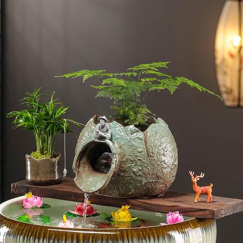 创意生态缸古法鱼缸流水循环陶瓷开 口罐循环过滤造景庭院流水摆