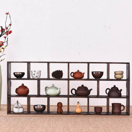 小博古架 古董紫砂茶壶架子 烧桐木中式多宝阁置物架 实木展示架