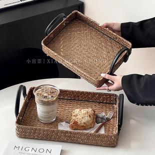 ins风藤编托盘茶点盘家用零食盘餐桌收纳盘水果篮蛋糕面包甜品盘
