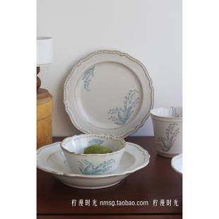 铃兰复古釉下彩陶瓷餐具马克杯米饭碗甜品家用菜盘意面沙拉盘 法式