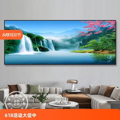中式客厅沙发背景墙装饰画大气流水生财山水风景壁画单幅横版挂画