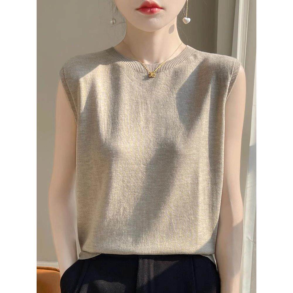 小立领针织打底背心女高级感米白色无袖上衣打底衫坎肩西装内搭