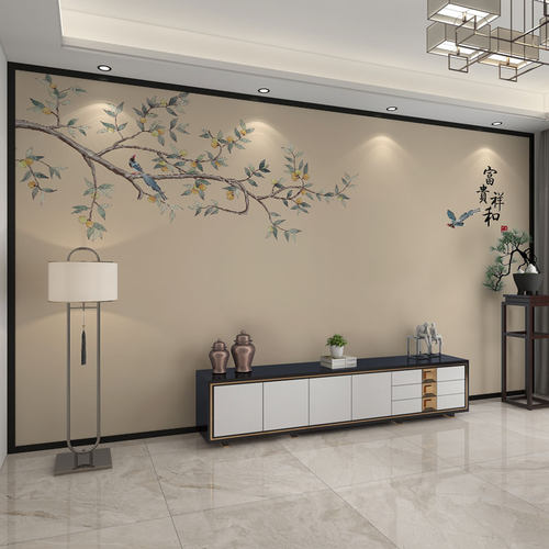 新中式3d立体花鸟壁布全国上门贴