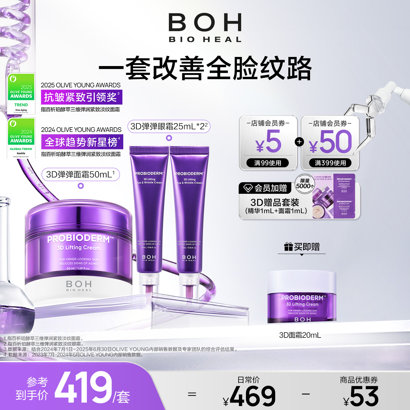 韩国BOH酵萃三维弹润眼霜25ml*2+3D面霜50ml淡纹紧致嘭弹保湿
