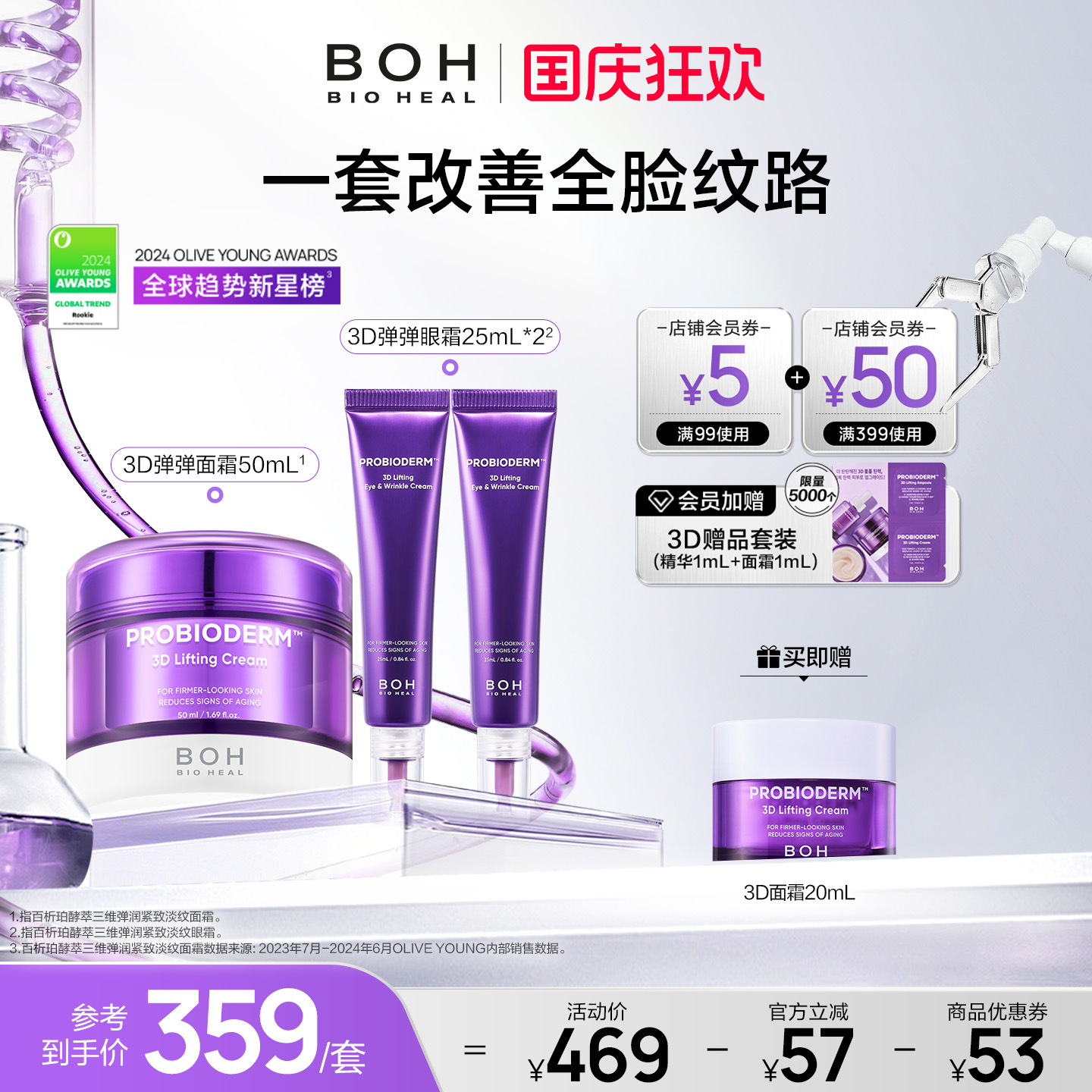 韩国BOH酵萃三维弹润眼霜25ml*2+3D面霜50ml淡纹紧致嘭弹保湿