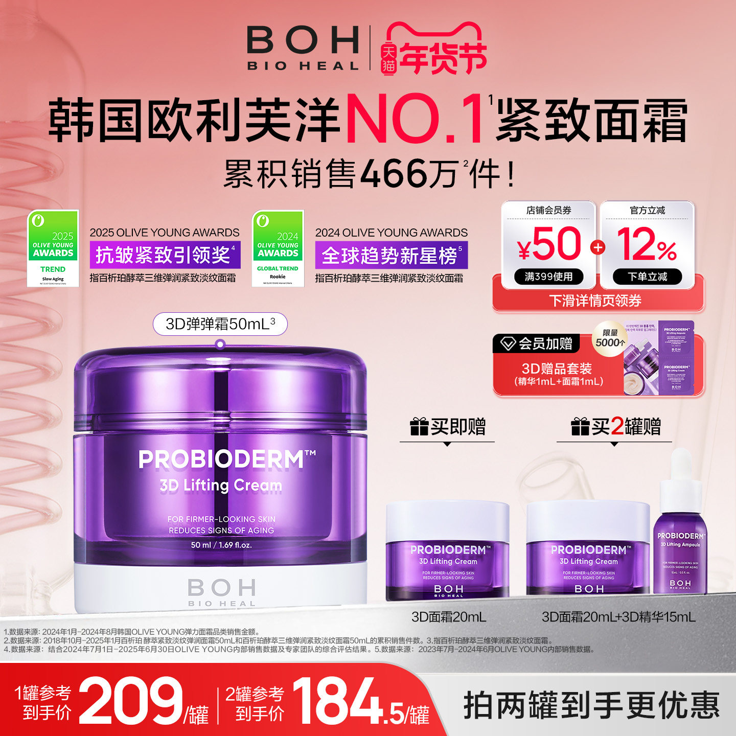 BOH韩国酵萃三维弹润紧致淡纹面霜50ml抗皱保湿肌肤秋冬