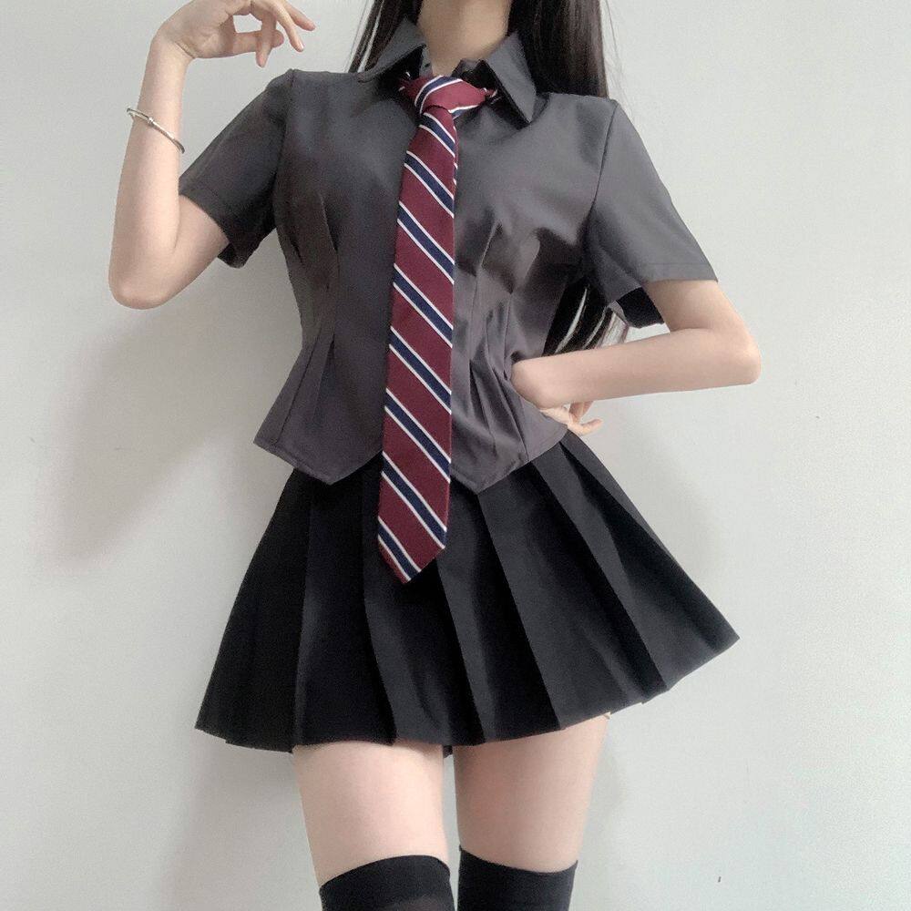 新款收腰衬衫纯欲风小个子长袖短袖白色弹力衬衫jk制服衬衫裙套装