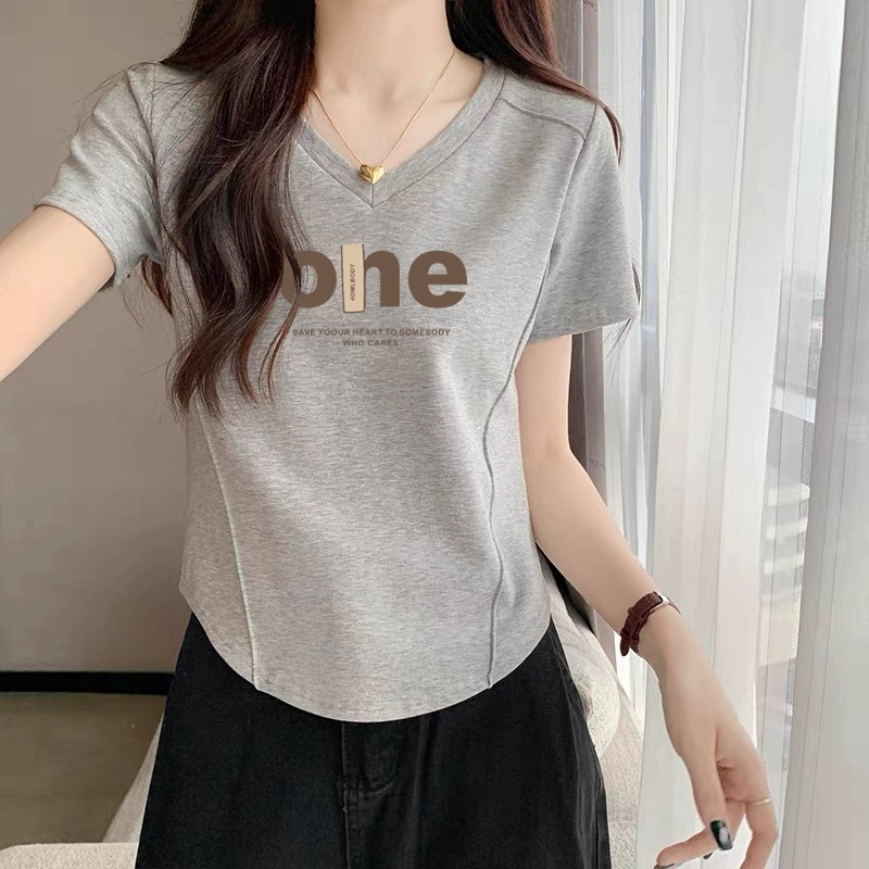 弧形下摆设计感v领正肩短袖t恤女纯棉2024年新款短款韩版不规则
