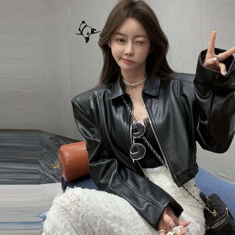 黑色短款皮衣外套女高级感2025春秋新款设计感小众PU夹克拉链上衣