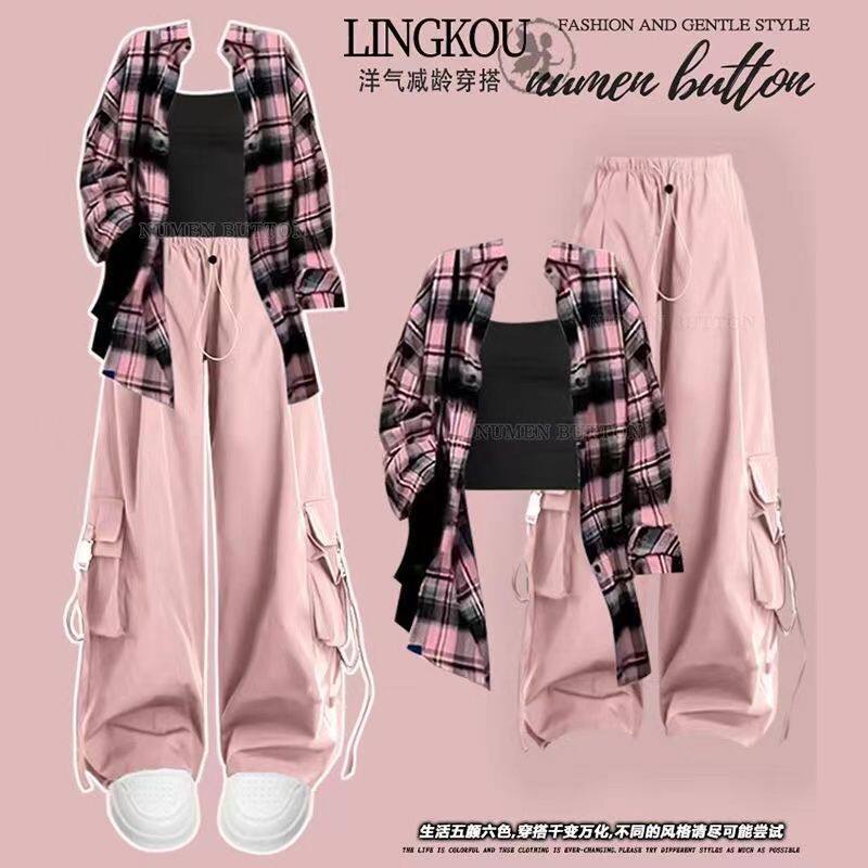 夏季多巴胺新款套装女穿搭一整套酷飒辣妹衬衫吊带工装裤三件套潮