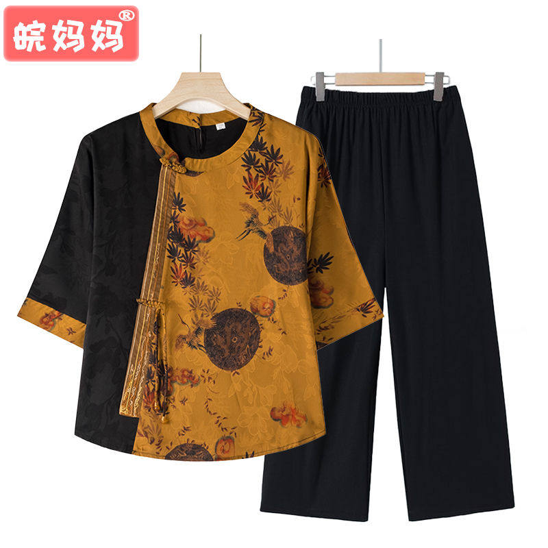 妈妈套装夏季香云纱新国风七分短袖中老年女装母亲洋气一整套衣服