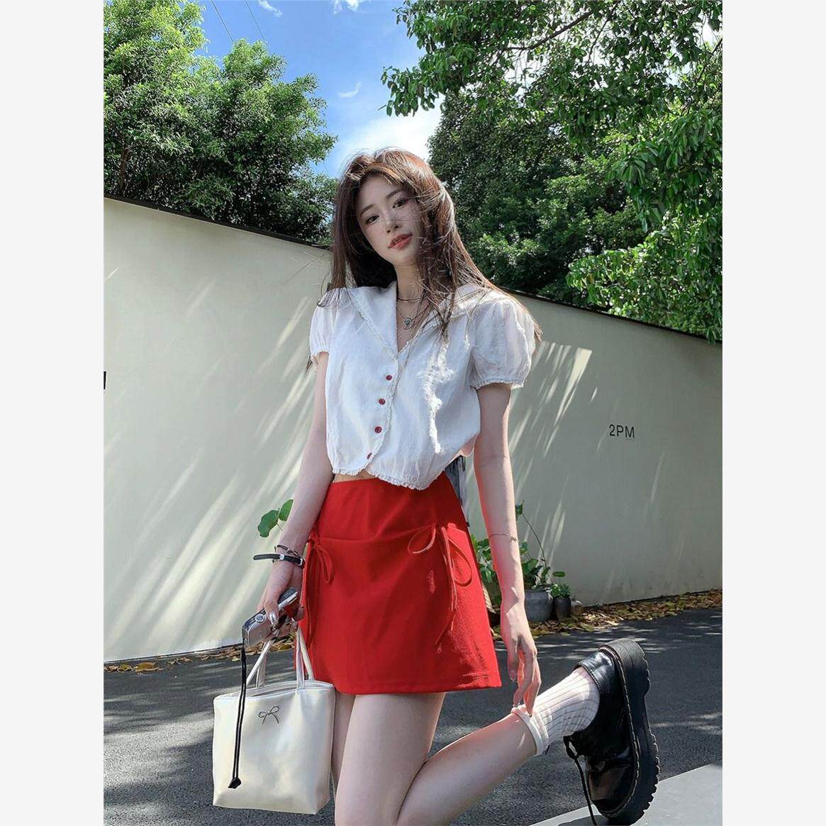 海军v领短款衬衫女早秋夏红色甜美风内搭套装A字半身裙时尚两件套