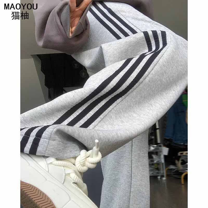 猫柚灰色美式运动裤女春秋款2025新款高腰宽松阔腿休闲条纹直卫裤