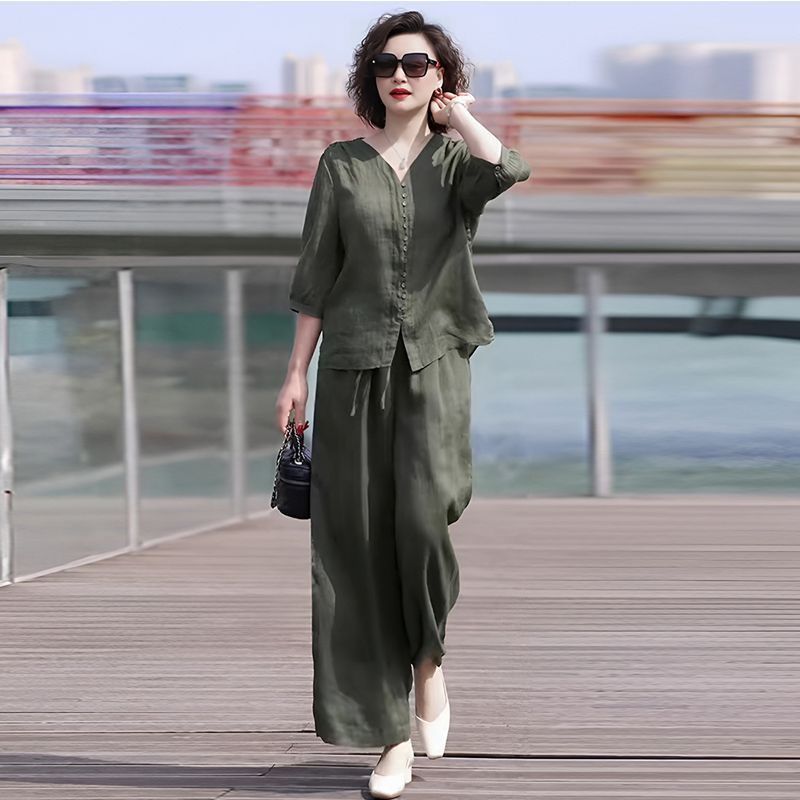 时尚天丝麻夏季新款中袖套装女洋气减龄遮肉显瘦上衣阔腿裤两件套