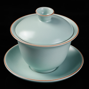 高档天青汝窑功夫三才盖碗可悬停单个防烫带盖子泡茶公道杯具整套