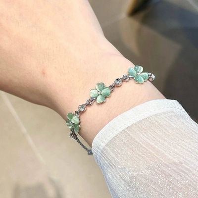 新款猫眼石四叶草幸运手链项链套装青野星愿时尚森系闺蜜礼物配饰