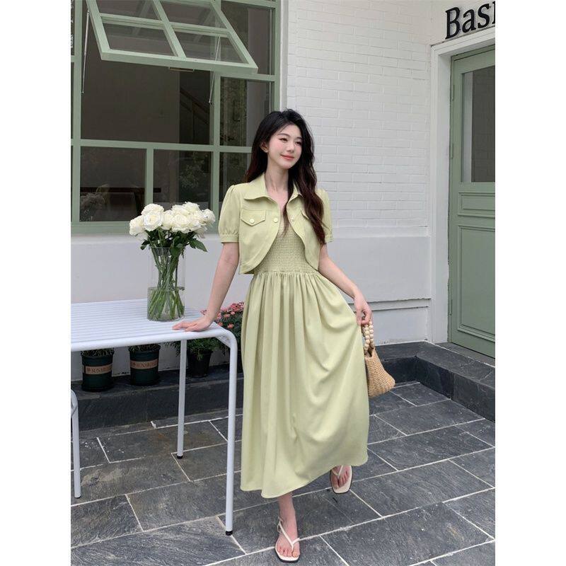 夏季大码女装胖MM短款外套+吊带裙两件套装显瘦气质时尚复古法式