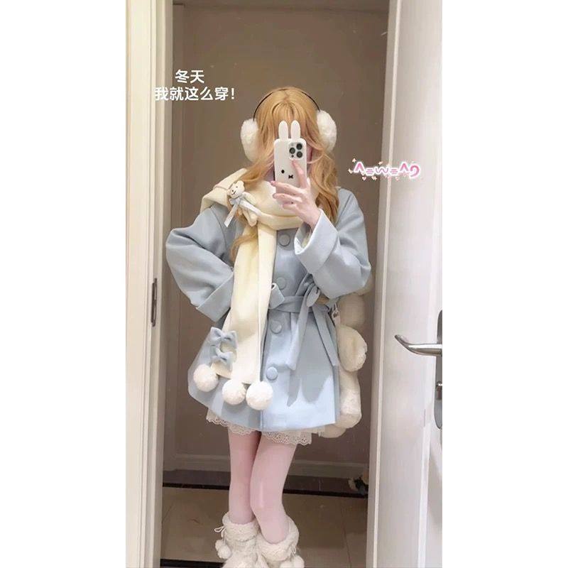 初雪小熊~秋冬氛围感日系软妹小熊围巾中长款毛呢外套甜美套装女,女装/女士精品,毛呢外套,淘宝优惠券,粉丝福利购,淘宝优惠卷