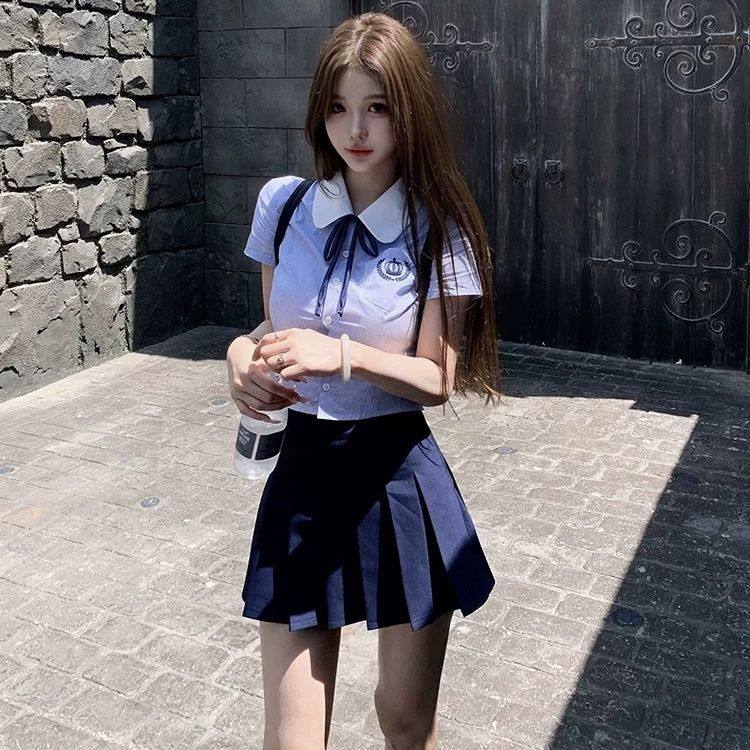 蓝色学院风衬衫百褶裙套装女高级感jk上衣短裙两件套夏季2024新款,个性定制/设计服务/DIY,JK制服加工定制,淘宝优惠券,粉丝福利购,淘宝优惠卷