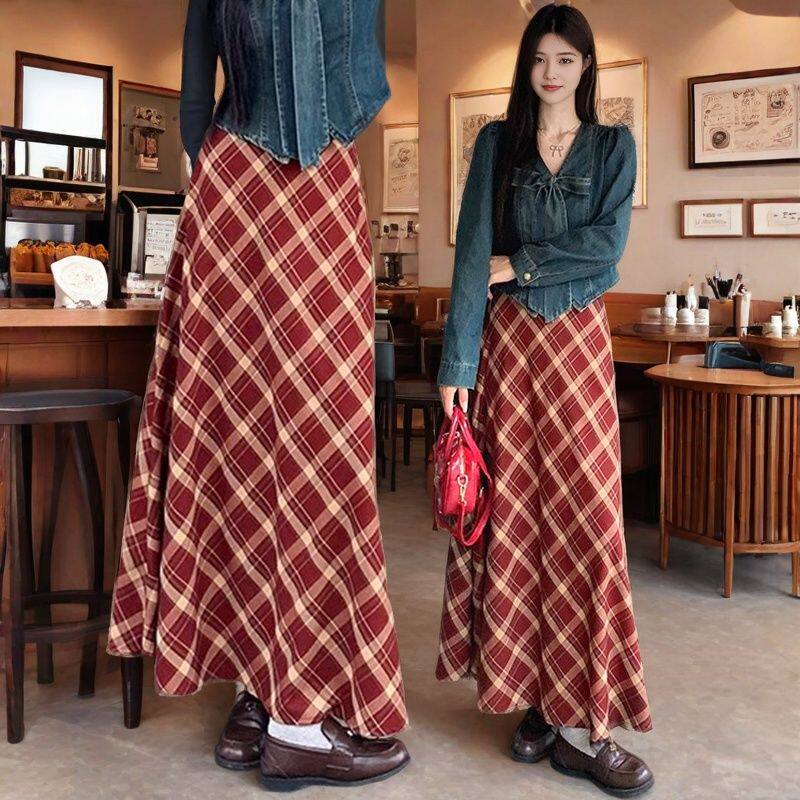 氛围感红色格子半身裙女秋冬季复古高腰显瘦减龄百搭中长款大摆裙