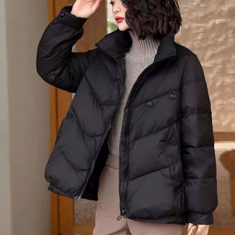 新款韩版宽松休闲羽绒服女短款时尚立领白鸭绒加厚红色两粒扣外套